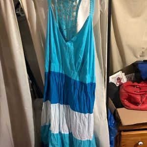 Sundress multi shade blue lace back tiered dress